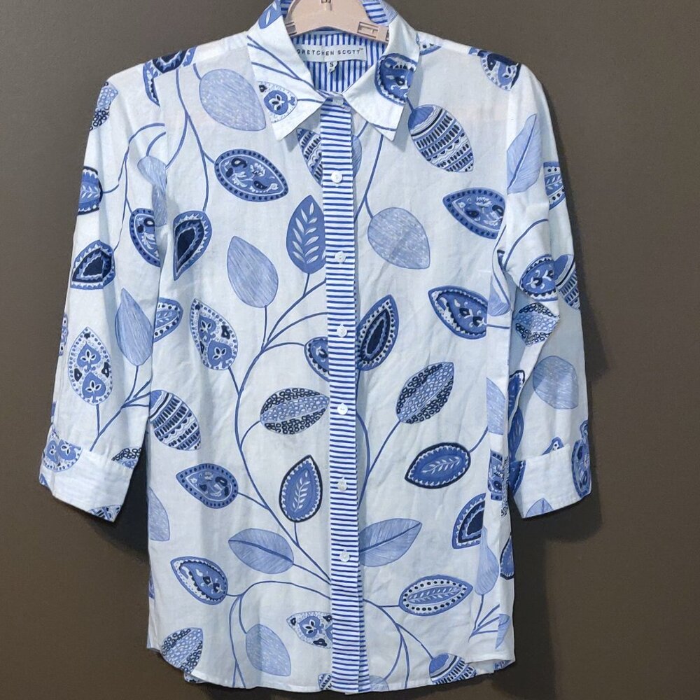 Gretchen Scott Blue and White Paisley Leaves 3/4 Sleeve Cotton Blouse SI…